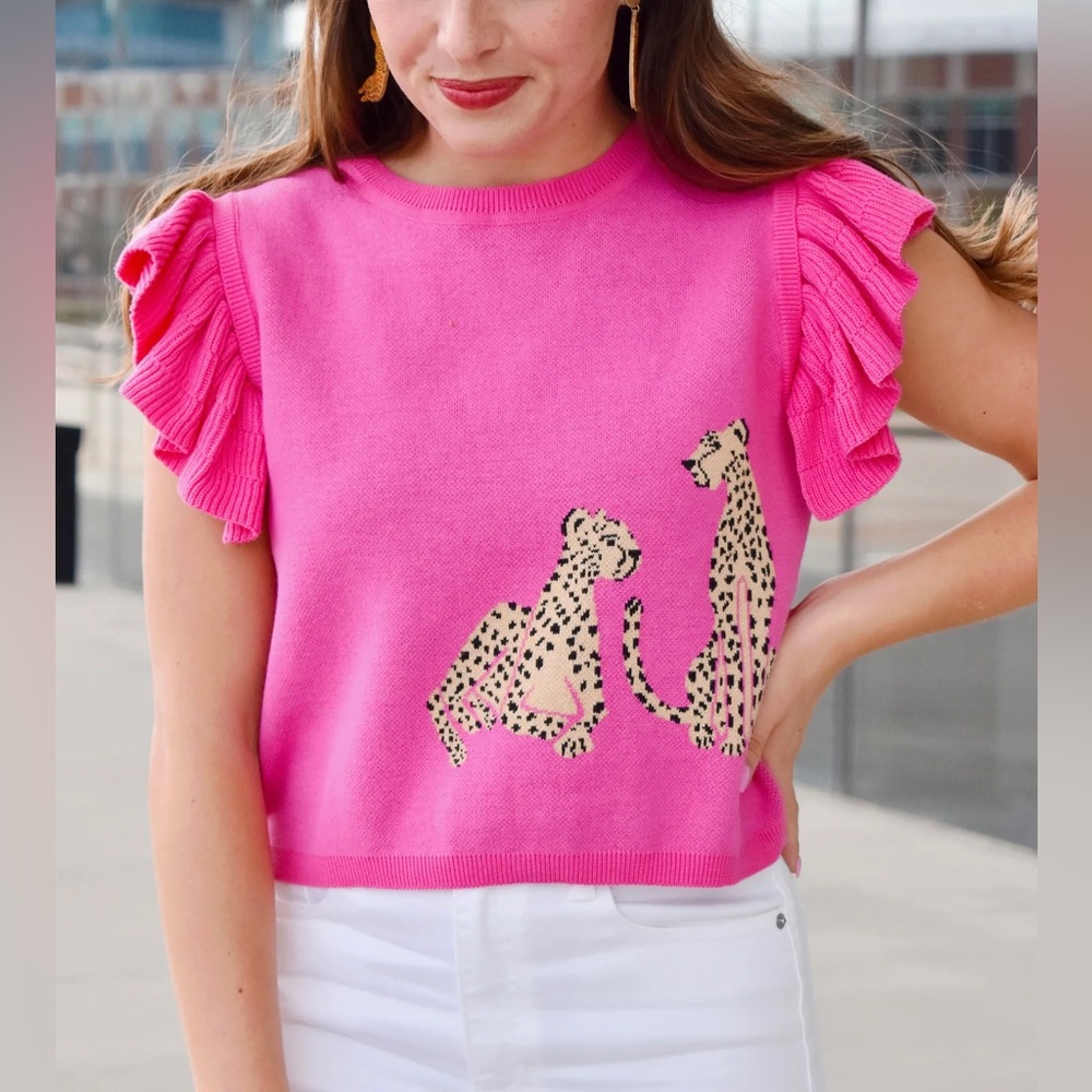 Entro' Pink Ruffle Sleeve Leopard Knit Top